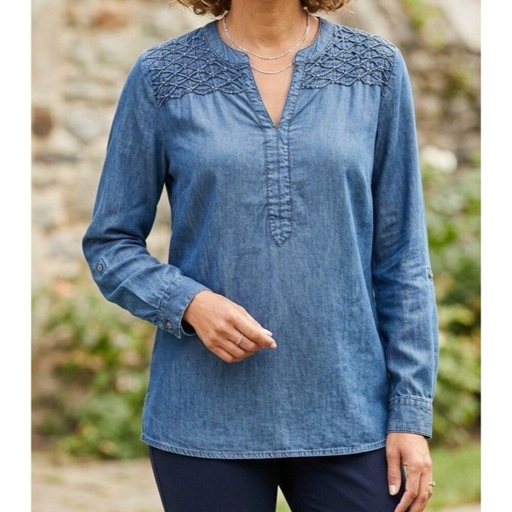 Bandolino Blue Denim Tunic Top Roll Tab Sleeves Womens XXL Beaded Western Boho